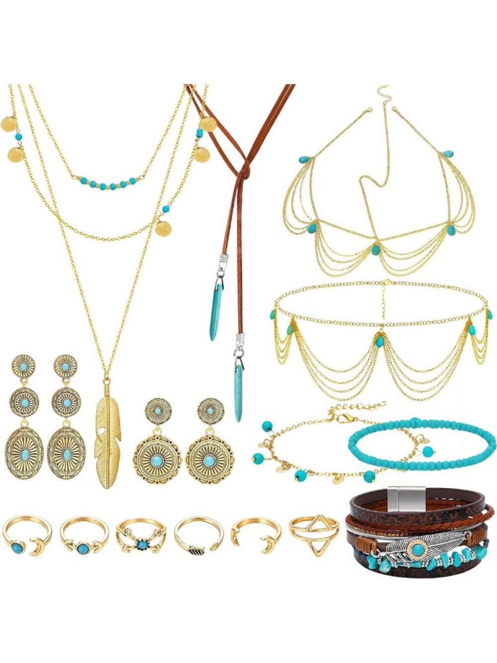 15-Piece Gold Bohemian Jewelry Set with Turquoise - Stylish Women's Accessories